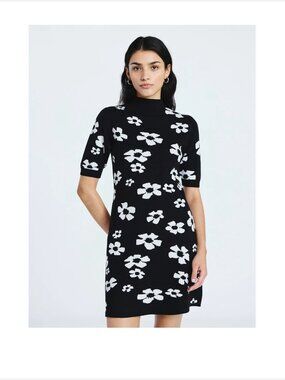 Scoop Jacquard Black & White Floral Sweater Mini Dress Women XL NWT